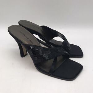Jasmin New York Kimi Black Satin High Heel Slides Women's 7.5 Peep Toe Pumps